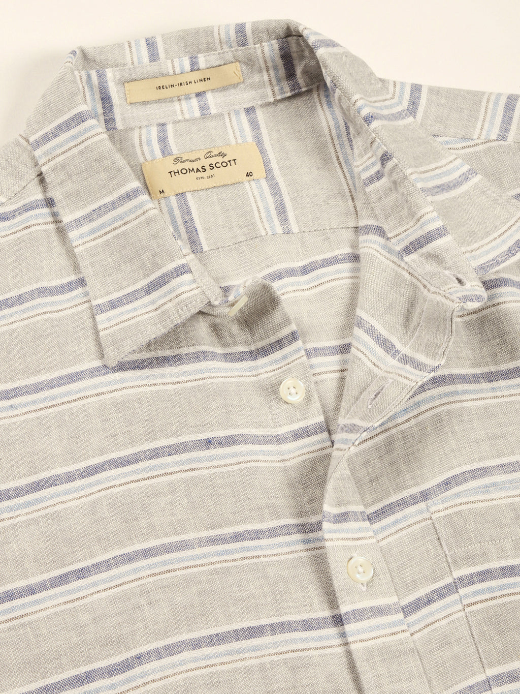 Thomas Scott Men Grey Premium Long Sleeves Spread Collar Horizontal Stripes Linen Casual Shirt
