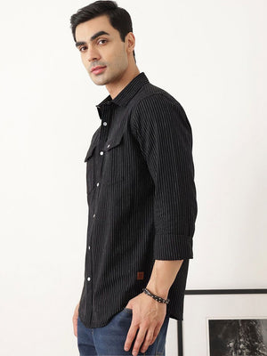 Black Premium Slim Fit Long Sleeves Spread Collar Pinstripes Cotton Linen Casual Shirt For Men