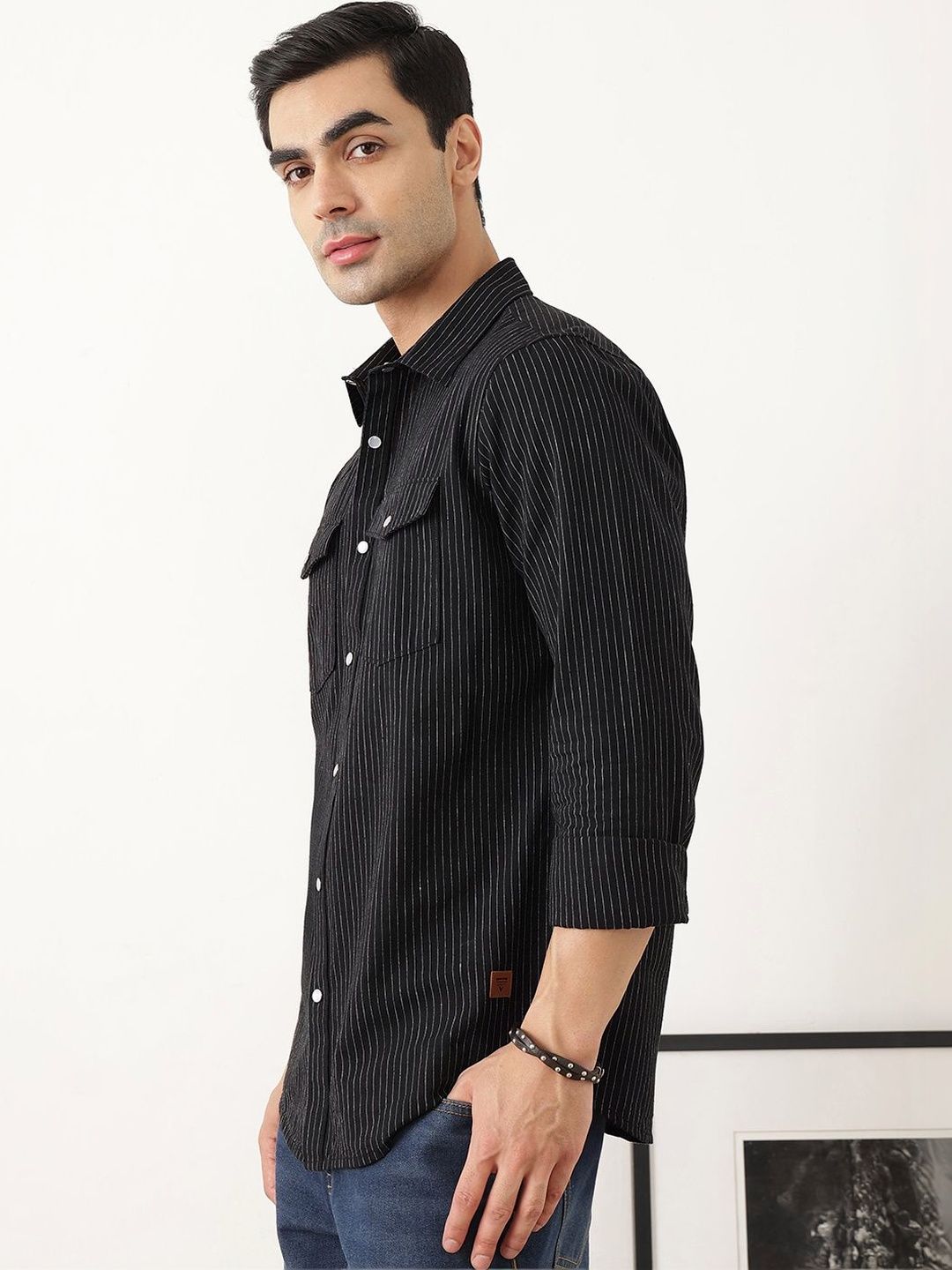 Black Premium Slim Fit Long Sleeves Spread Collar Pinstripes Cotton Linen Casual Shirt For Men