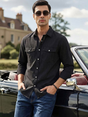Black Premium Slim Fit Long Sleeves Spread Collar Pinstripes Cotton Linen Casual Shirt For Men