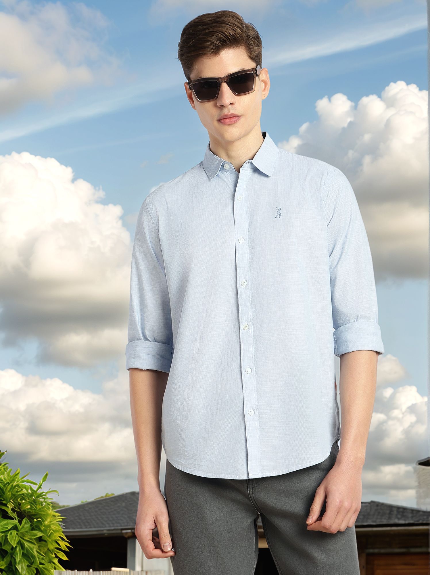 Thomas Scott Men Blue Cricket Club Collection Slim Fit Long Sleeves Spread Collar Pinstripe Cotton Linen Casual Shirt
