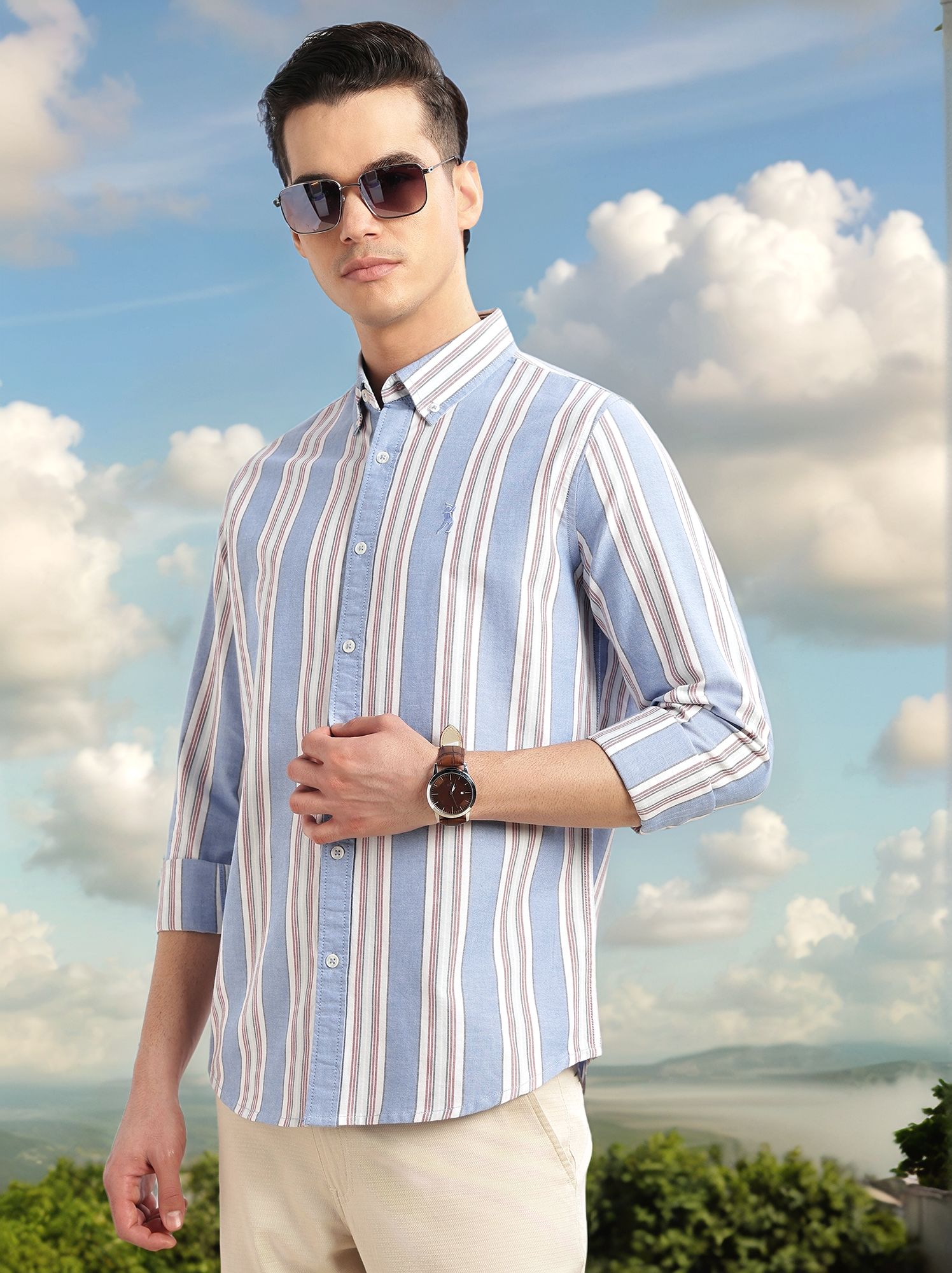 Thomas Scott Men Blue Cricket Club Collection Slim Fit Long Sleeves Button-Down Collar Multi Stripes 100% Cotton Casual Shirt