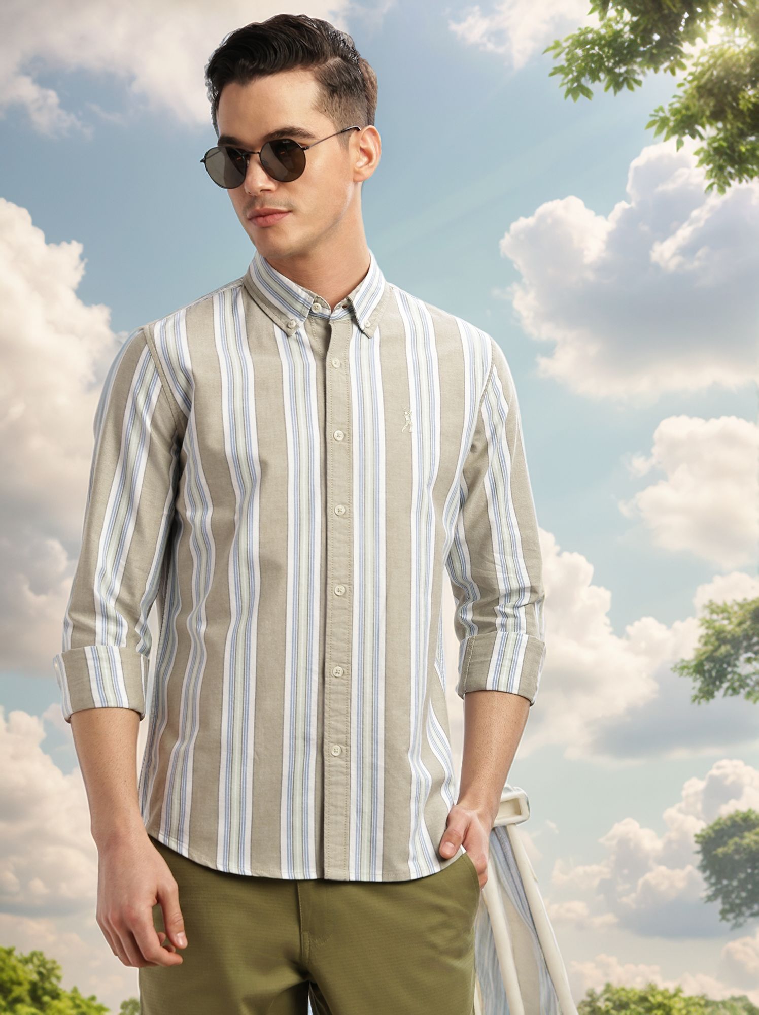 Thomas Scott Men Green Cricket Club Collection Slim Fit Long Sleeves Button-Down Collar Multi Stripes 100% Cotton Casual Shirt
