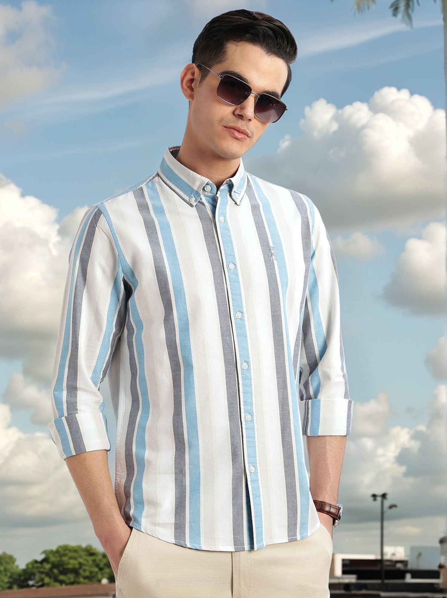 Thomas Scott Men Blue Cricket Club Collection Slim Fit Long Sleeves Button Down Collar Multi Stripes Oxford Casual Shirt