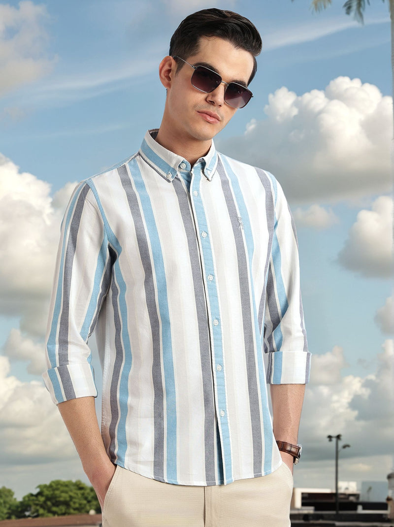 Thomas Scott Men Blue Cricket Club Collection Slim Fit Long Sleeves Button Down Collar Multi Stripes Oxford Casual Shirt