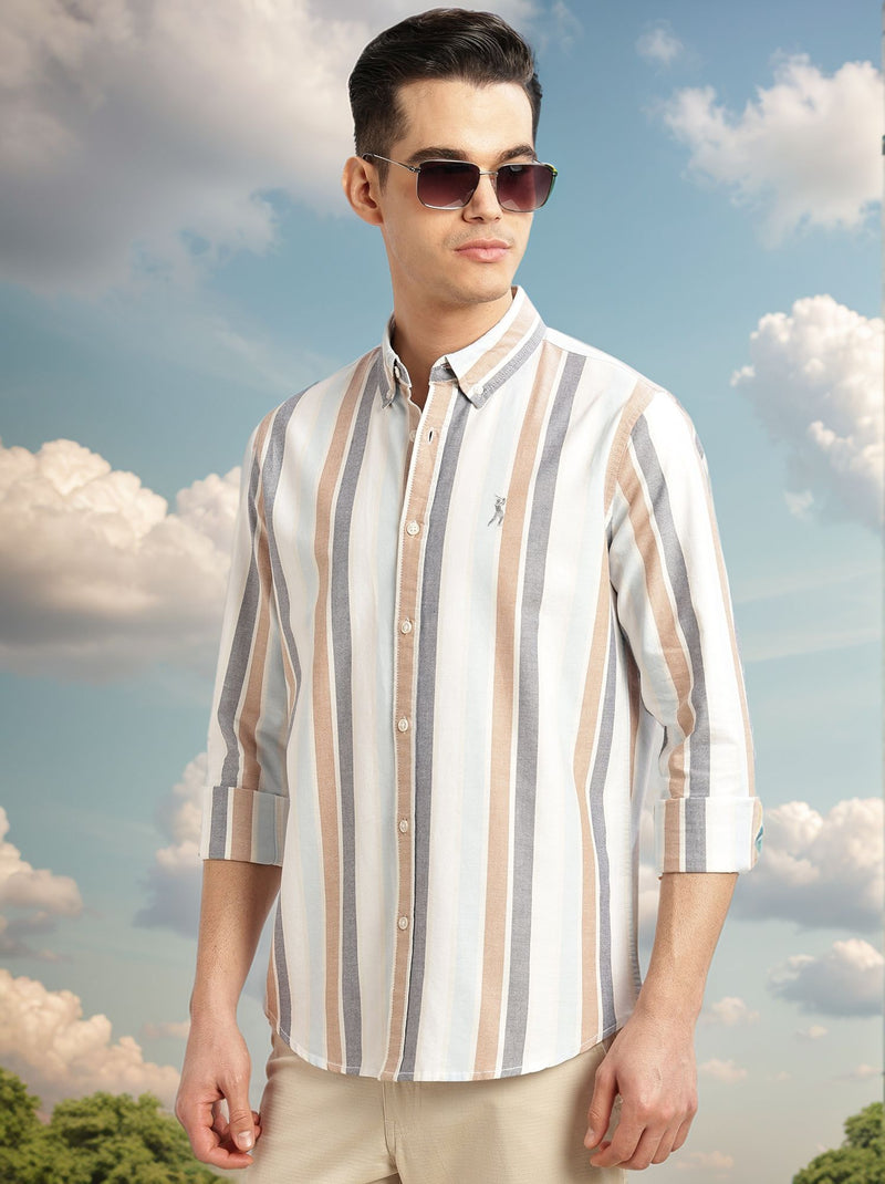 Thomas Scott Men White Cricket Club Collection Slim Fit Long Sleeves Button Down Collar Multi Stripes Oxford Casual Shirt