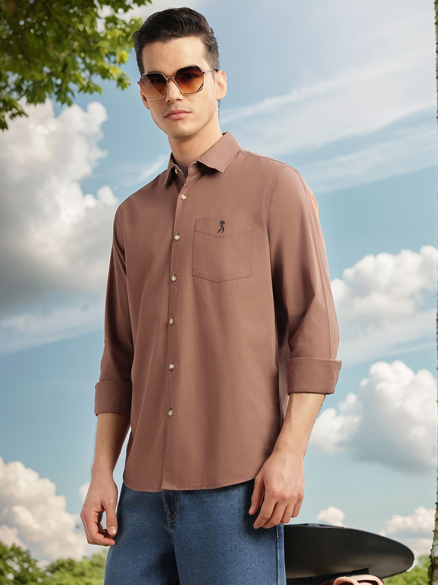 Thomas Scott Men Brown Cricket Club Collection Slim Fit Long Sleeves Spread Collar Solid Cotton Casual Shirt