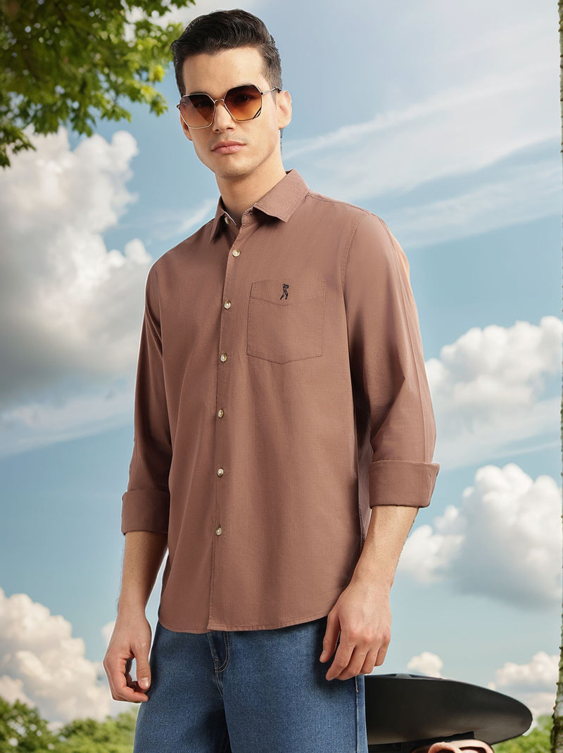 Thomas Scott Men Brown Cricket Club Collection Slim Fit Long Sleeves Spread Collar Solid Cotton Casual Shirt