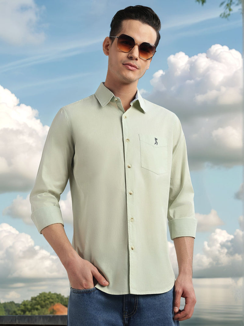 Thomas Scott Men Green Cricket Club Collection Slim Fit Long Sleeves Spread Collar Solid Cotton Casual Shirt