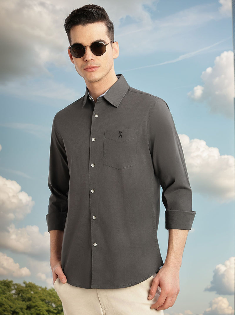 Thomas Scott Men Grey Cricket Club Collection Slim Fit Long Sleeves Spread Collar Solid Cotton Casual Shirt