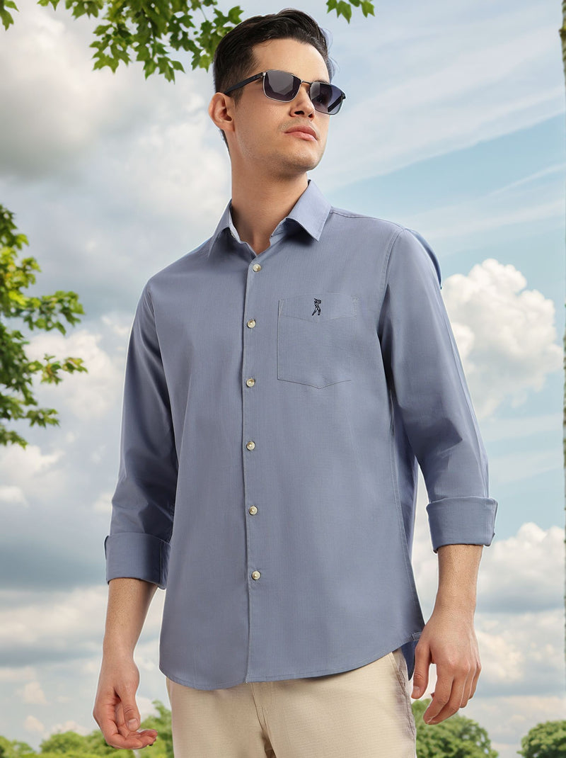 Thomas Scott Men Mid Blue Cricket Club Collection Slim Fit Long Sleeves Spread Collar Solid Cotton Casual Shirt