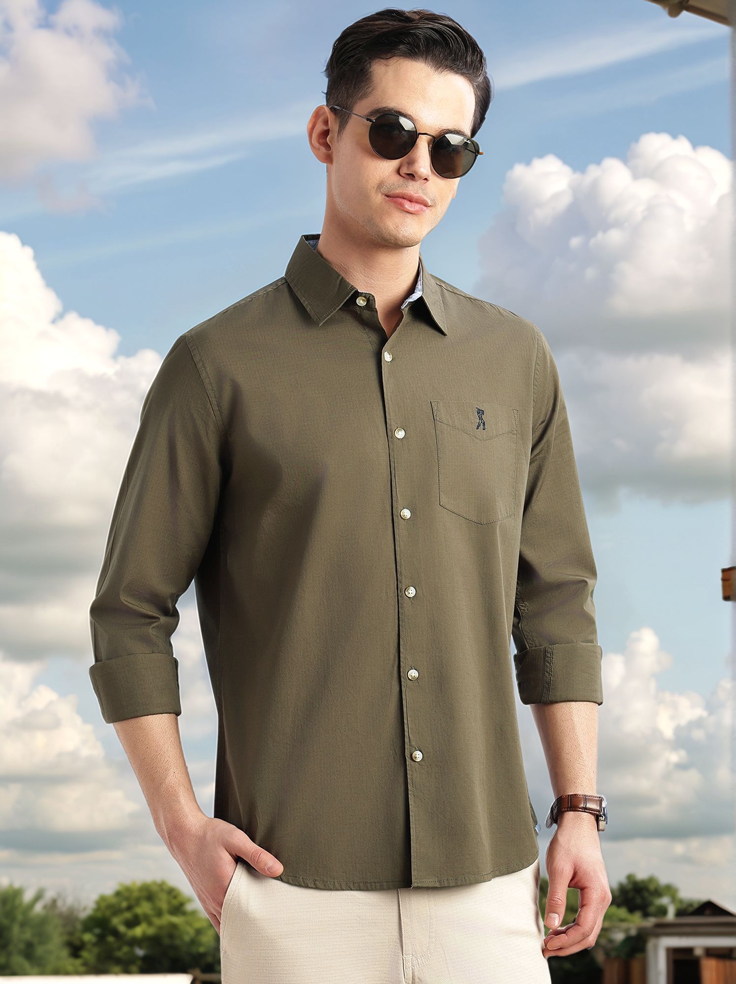 Thomas Scott Men Olive Cricket Club Collection Slim Fit Long Sleeves Spread Collar Solid Cotton Casual Shirt