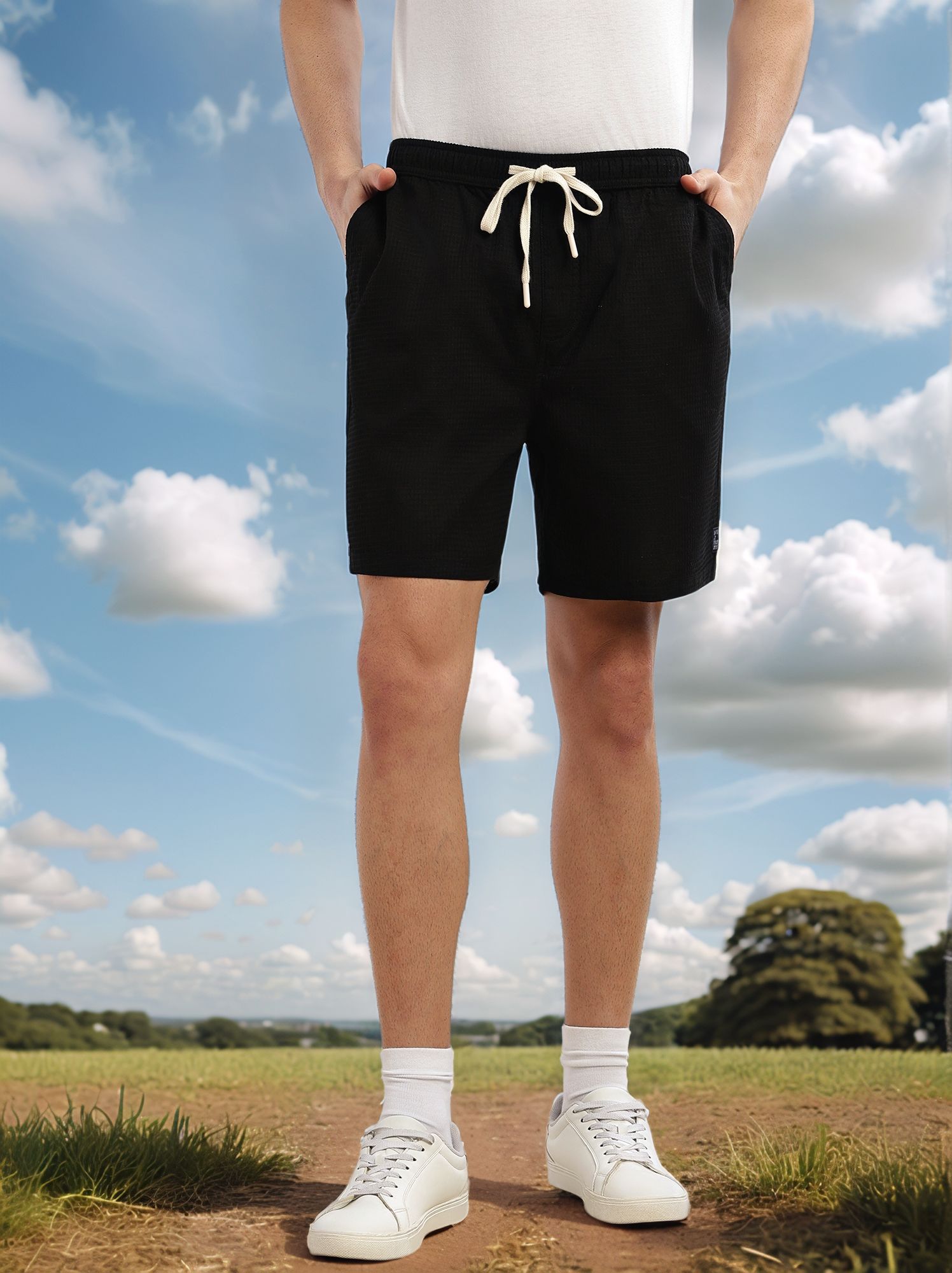 Thomas Scott Men Black Cricket Club Collection Straight Fit Textured Waffle Cotton Shorts