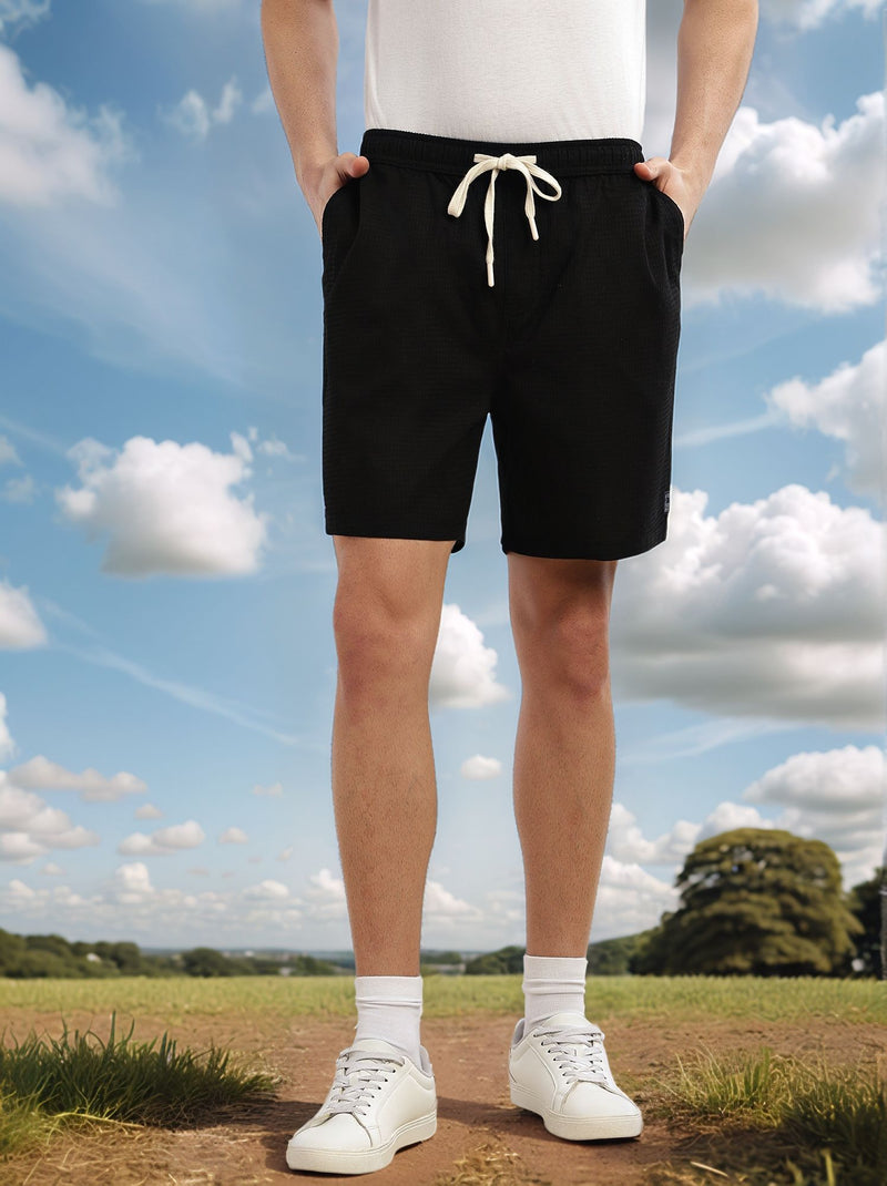 Thomas Scott Men Black Cricket Club Collection Straight Fit Textured Waffle Cotton Shorts