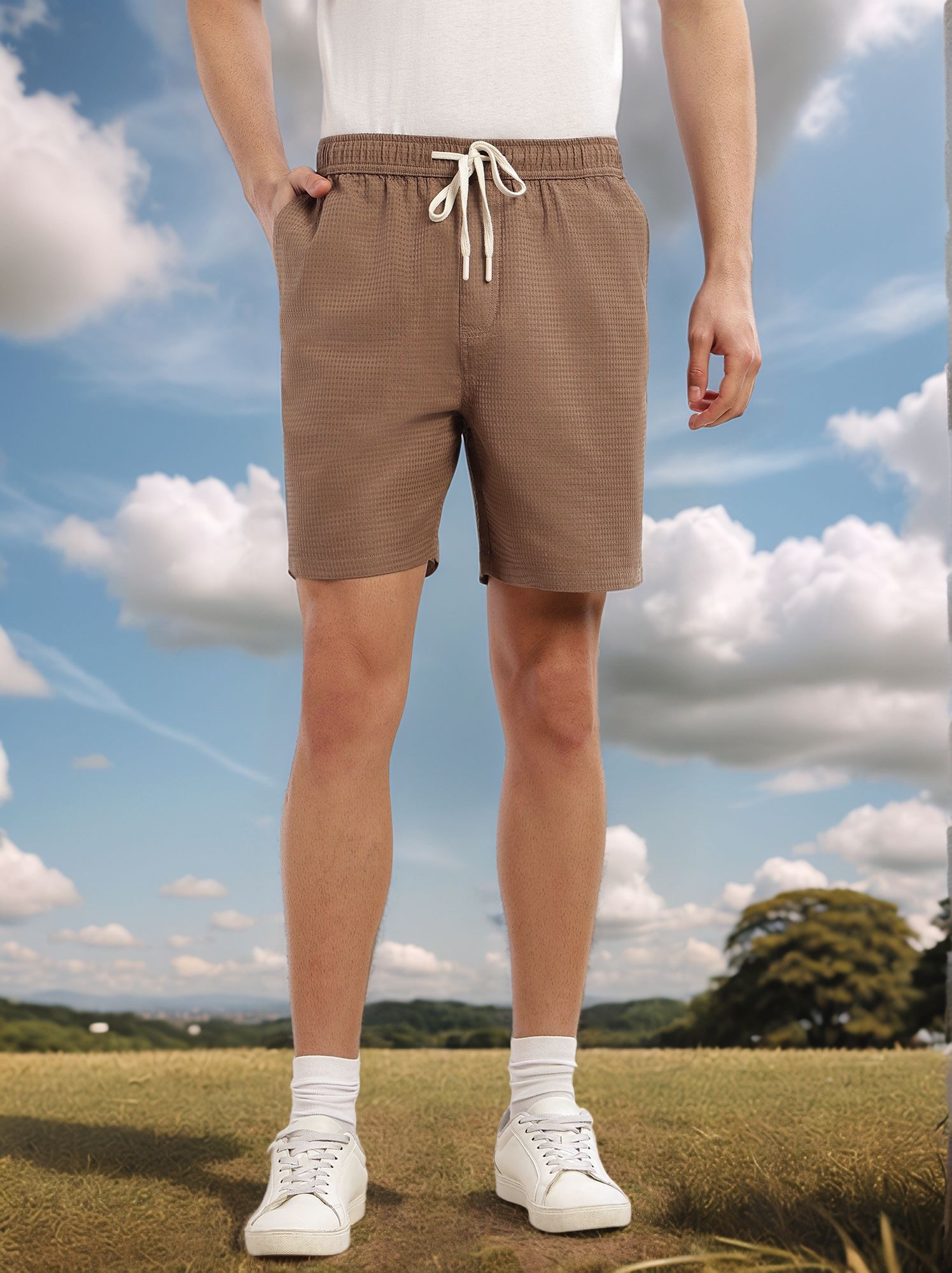Thomas Scott Men Brown Cricket Club Collection Straight Fit Textured Waffle Cotton Shorts