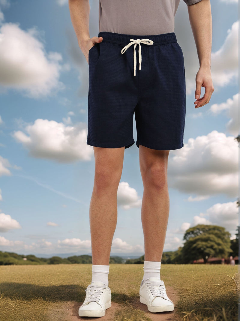 Thomas Scott Men Navy Cricket Club Collection Straight Fit Textured Waffle Cotton Shorts