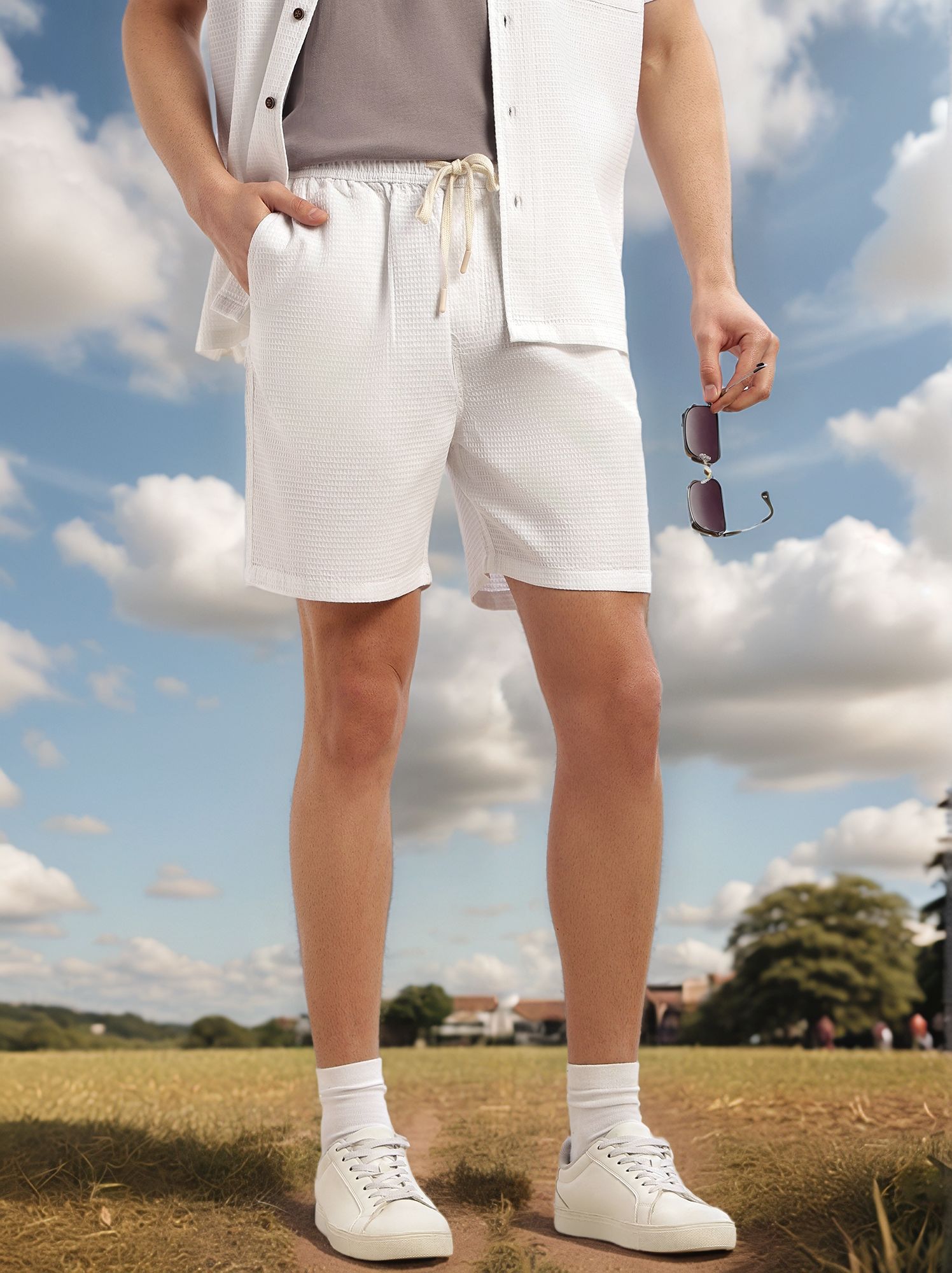 Thomas Scott Men White Cricket Club Collection Straight Fit Textured Waffle Cotton Shorts