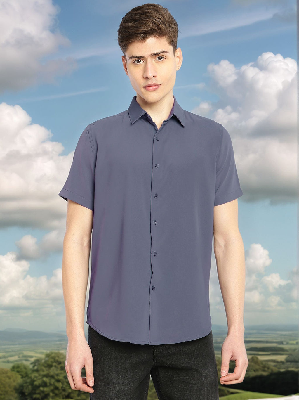 Thomas Scott Men Grey Regular Fit Short Sleeves Spread Collar Solid Polyester Casual Shirt