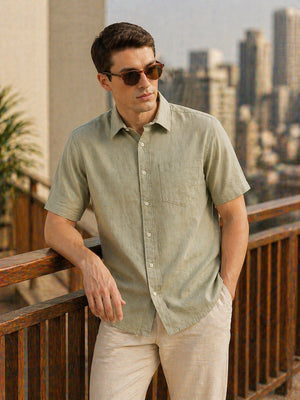 Dark Olive Premium Short Sleeves Slim Fit Spread Collar Solid Cotton Linen Casual Shirt For Men