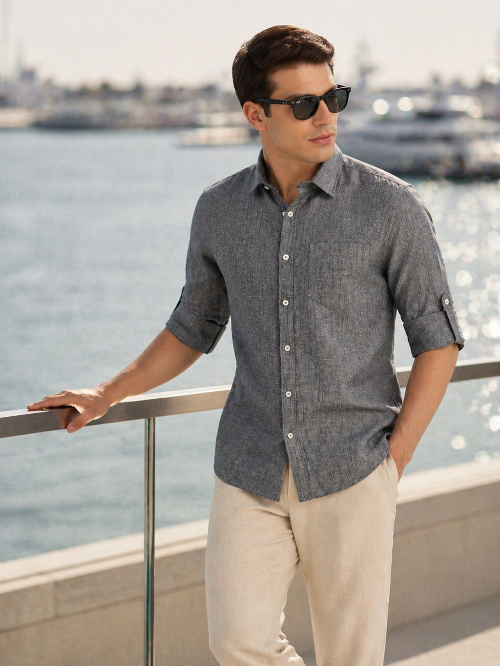 Thomas Scott Men Black Premium Slim Fit Long Roll-Up Sleeves Spread Collar Solid Linen Casual Shirt