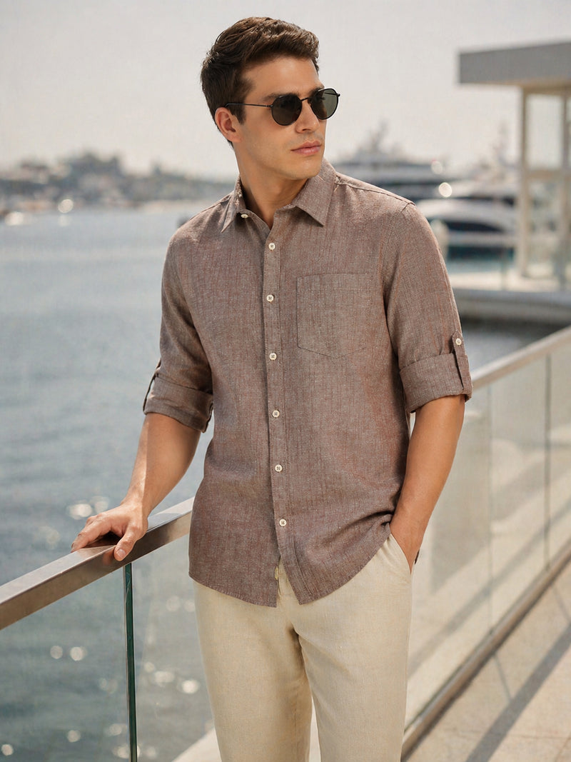 Thomas Scott Men Brown Premium Slim Fit Long Roll-Up Sleeves Spread Collar Solid Linen Casual Shirt