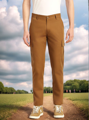 Brown Cricket Club Collection Relaxed Fit Mid-Rise 100% Cotton Woven Cargo Trouser For Men
