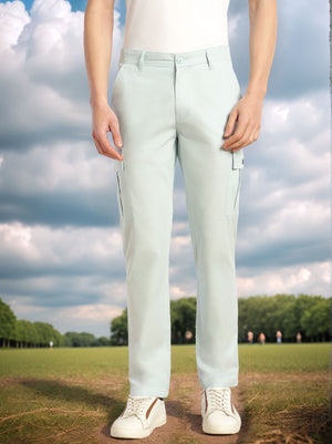 Sky Blue Cricket Club Collection Relaxed Fit Mid-Rise 100% Cotton Woven Cargo Trouser For Men