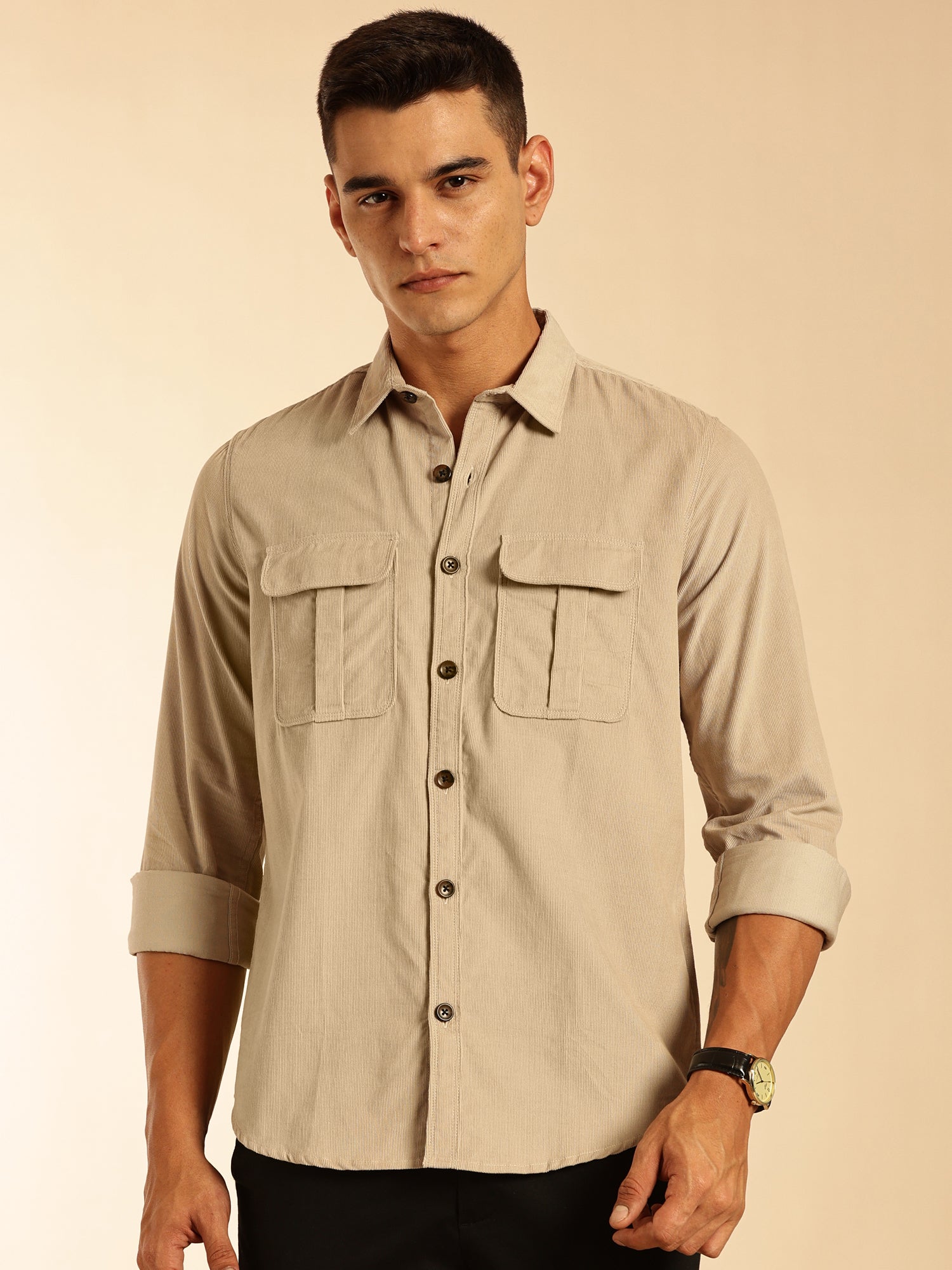 Thomas Scott Men Cream Slim Fit Long Sleeves Corduroy Casual Shirt