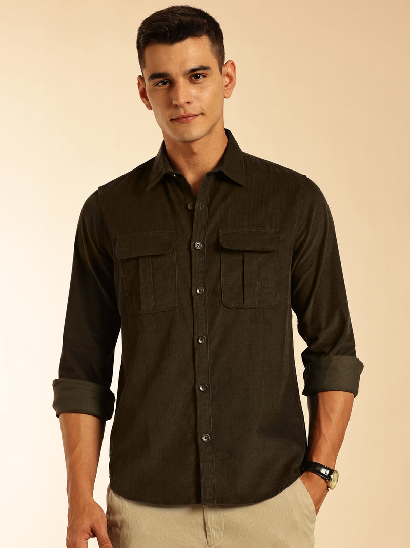 Thomas Scott Men Olive Slim Fit Long Sleeves Corduroy Casual Shirt