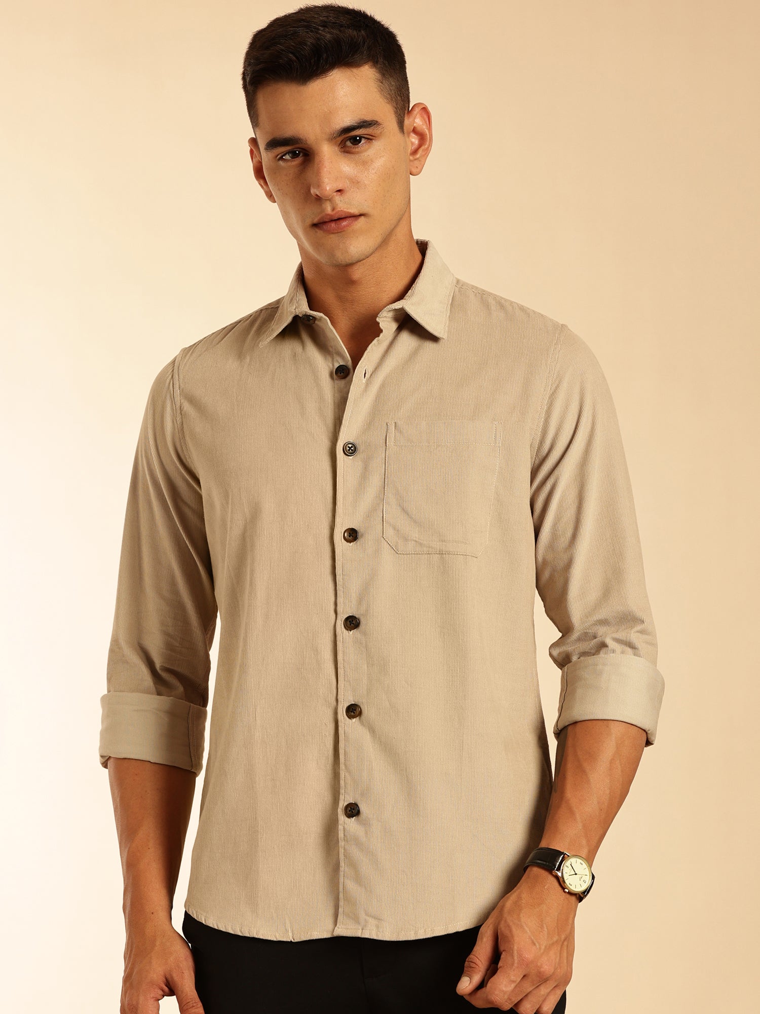 Thomas Scott Men Cream Slim Fit Long Sleeves Corduroy Casual Shirt