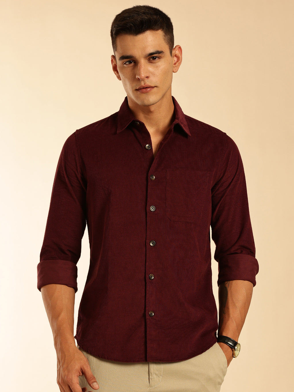 Thomas Scott Men Wine Slim Fit Long Sleeves Corduroy Casual Shirt