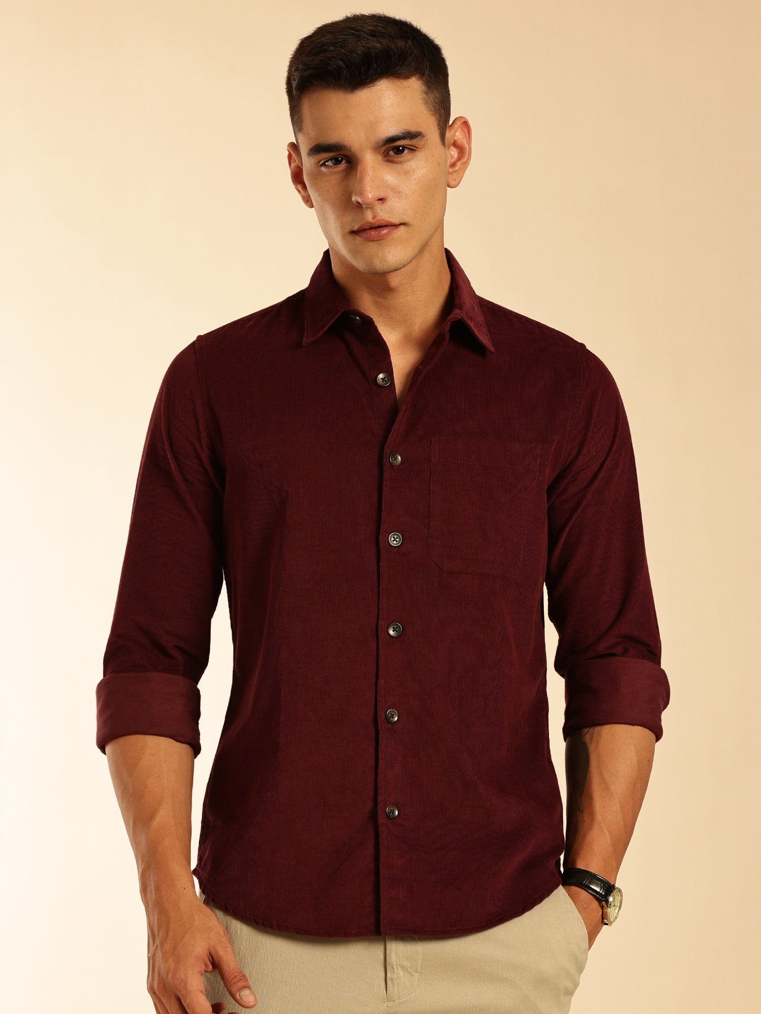 Thomas Scott Men Wine Slim Fit Long Sleeves Corduroy Casual Shirt