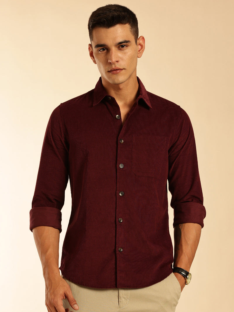 Thomas Scott Men Wine Slim Fit Long Sleeves Corduroy Casual Shirt