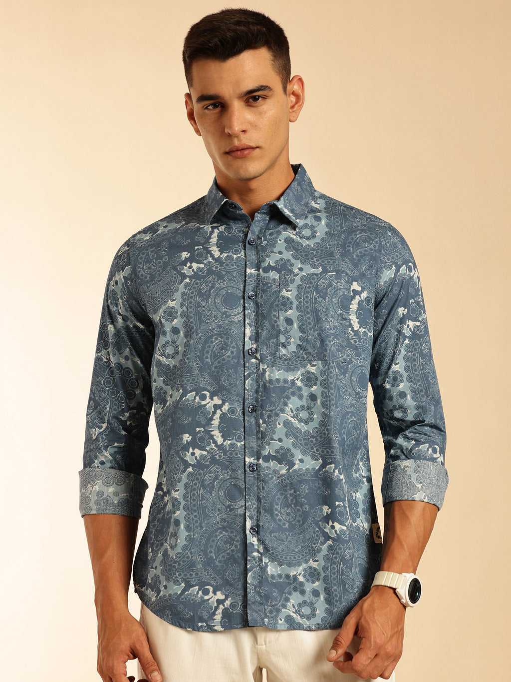 Thomas Scott Men Blue1 Regular Fit Long Sleeves Abstract Printed Pure Cotton Casual Shirt