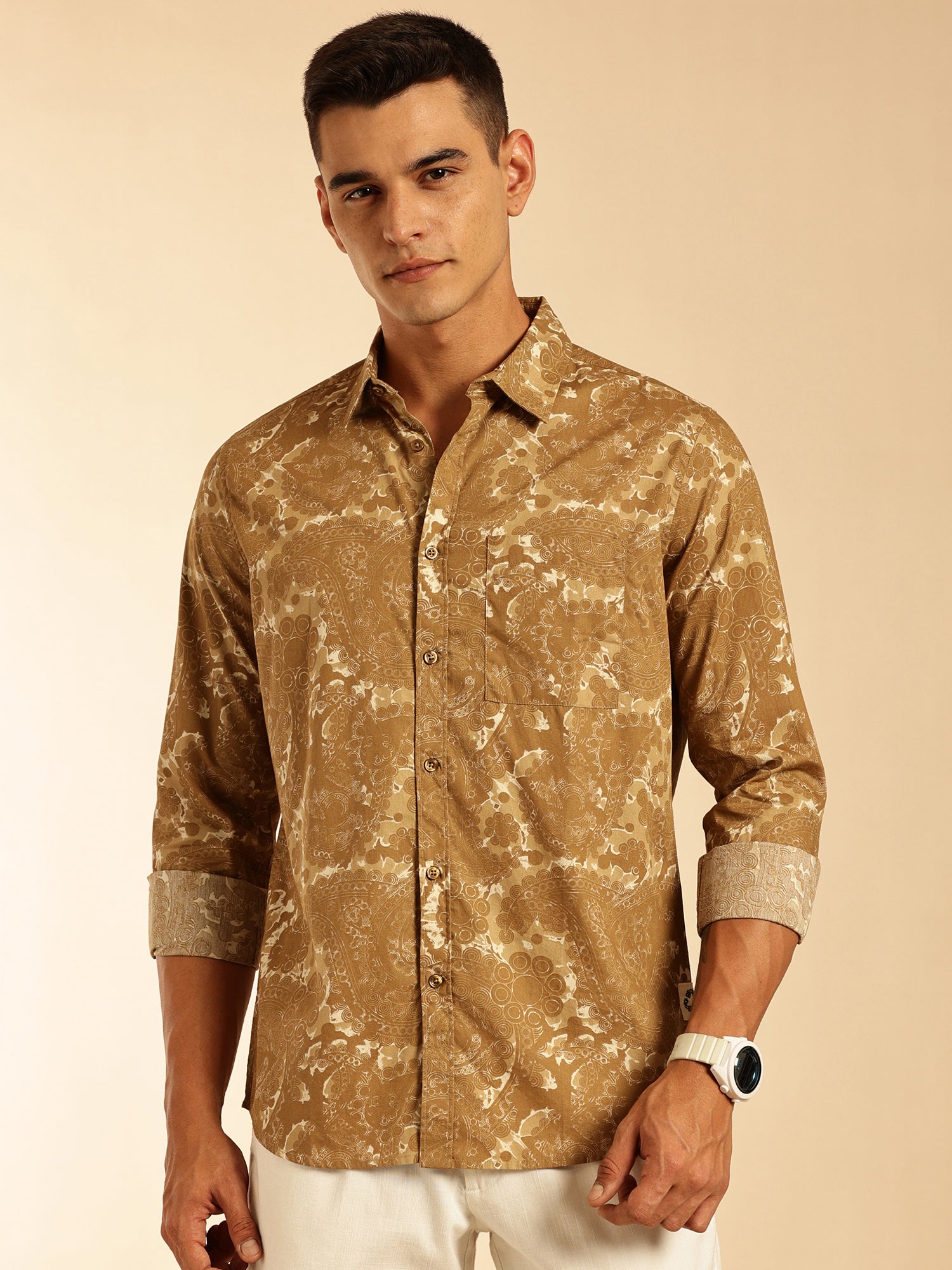 Thomas Scott Men Olive Regular Fit Long Sleeves Abstract Printed Pure Cotton Casual Shirt