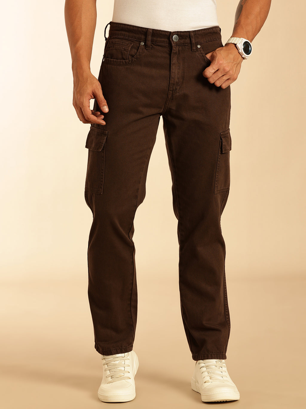 Thomas Scott Men Coffee Loose Fit Mid-Rise Non Stretchable Cargo Jeans