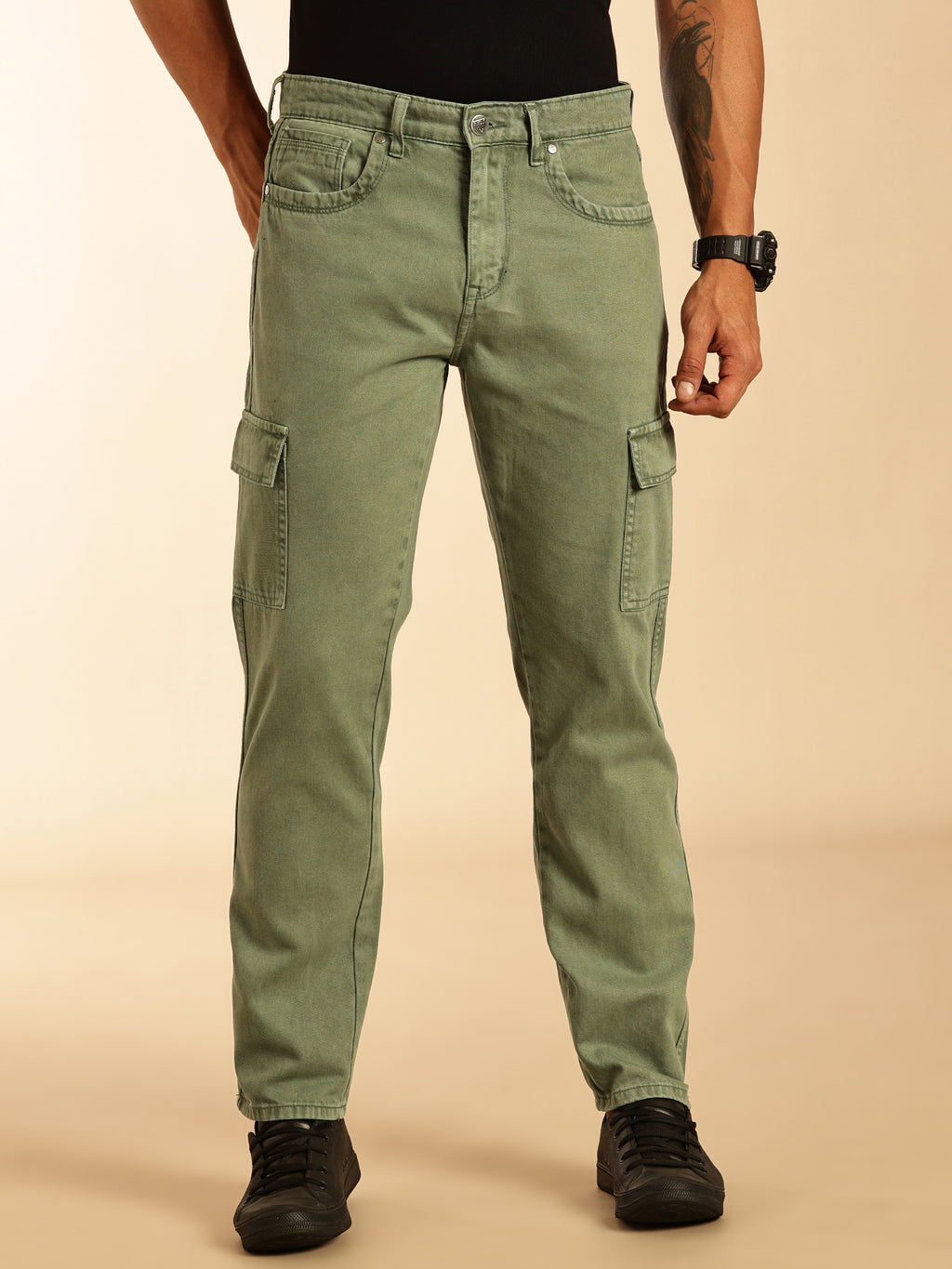 Thomas Scott Men Light Olive Loose Fit Mid-Rise Non Stretchable Cargo Jeans
