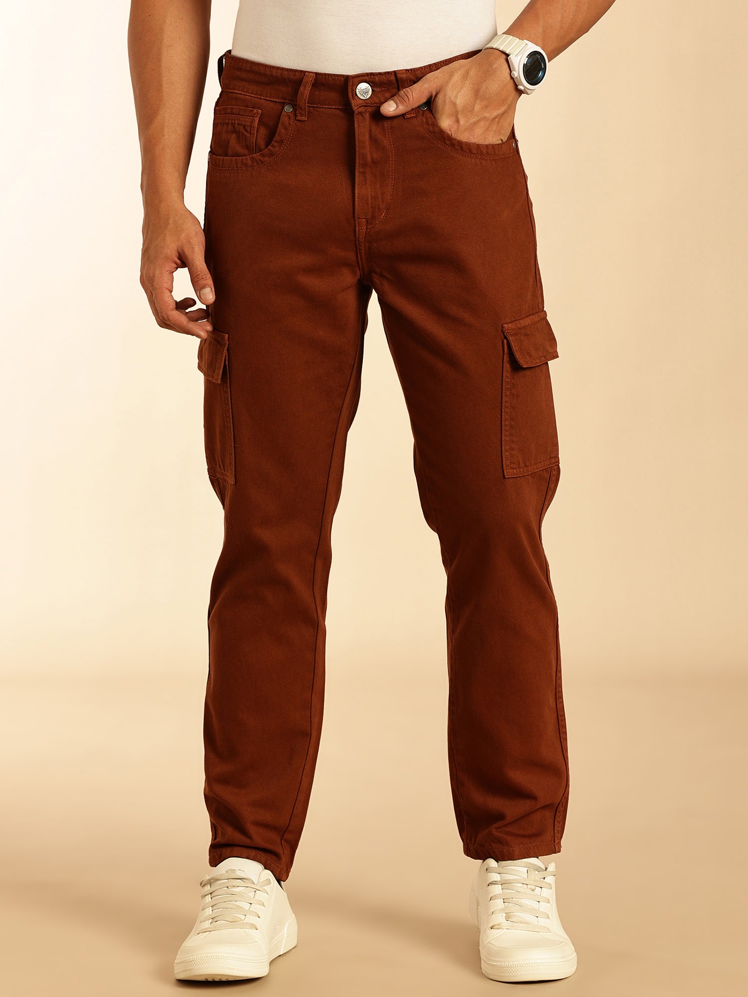 Thomas Scott Men Dark Brown Loose Fit Mid-Rise Non Stretchable Cargo Jeans