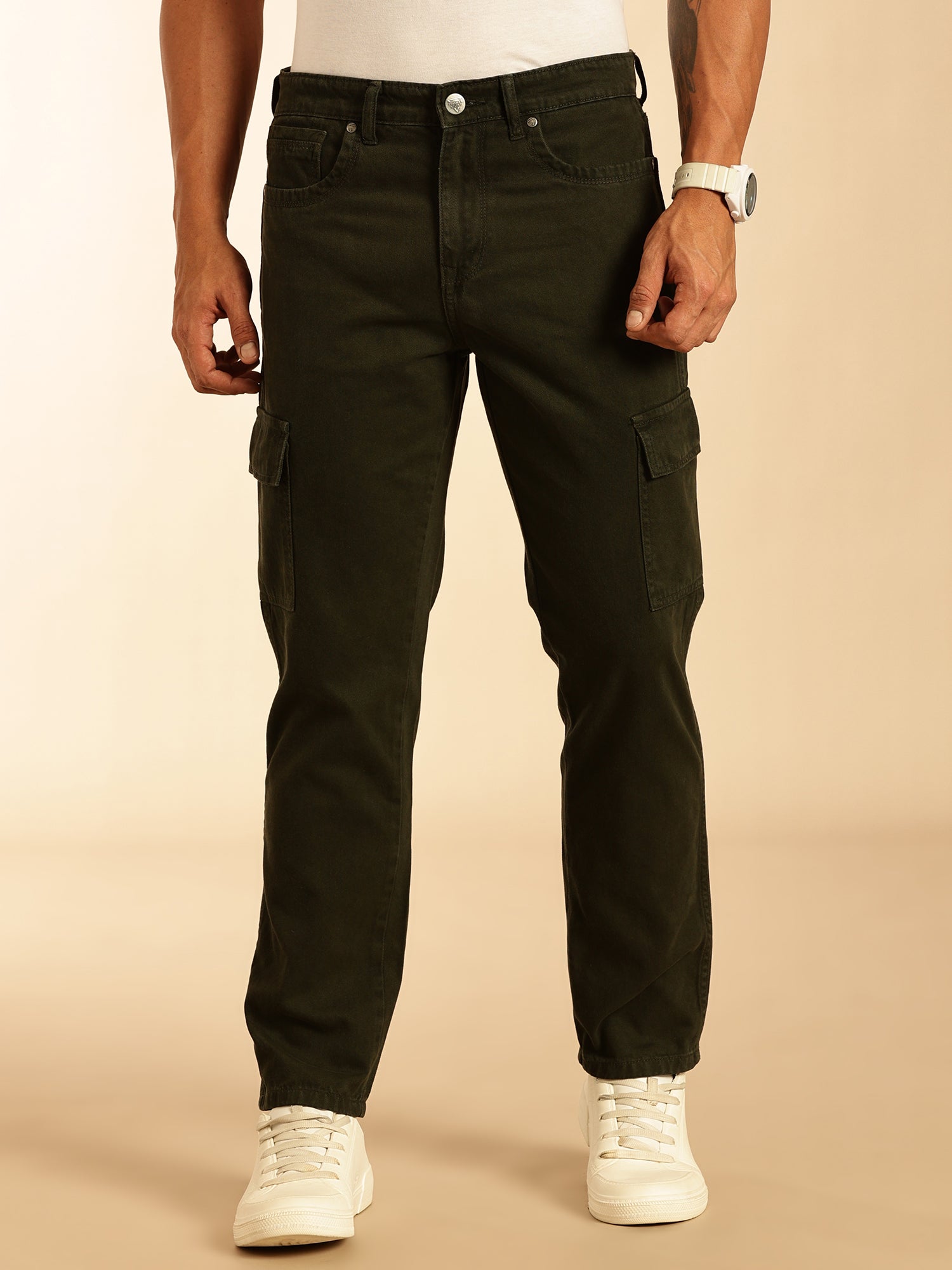 Thomas Scott Men Dark Green Loose Fit Mid-Rise Non Stretchable Cargo Jeans