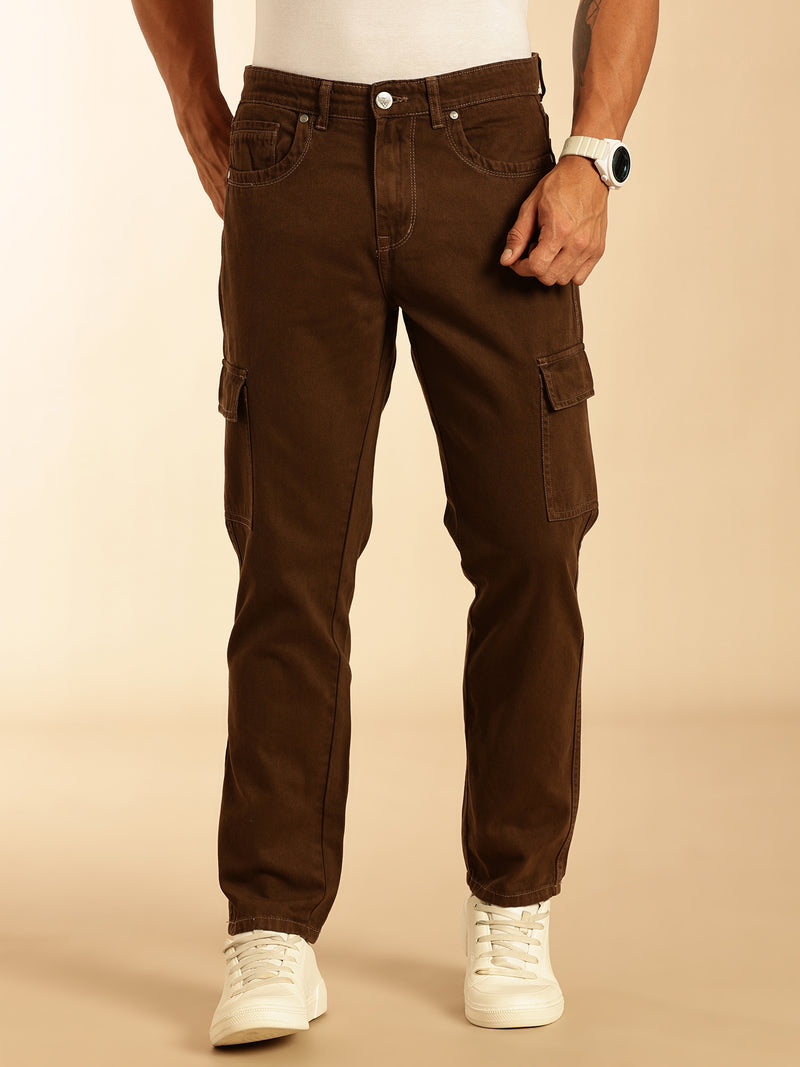 Thomas Scott Men Brown Loose Fit Mid-Rise Non Stretchable Cargo Jeans