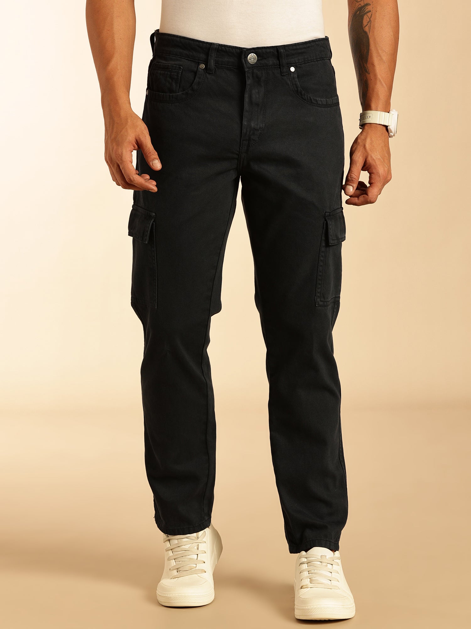 Thomas Scott Men Navy Blue Loose Fit Mid-Rise Non Stretchable Cargo Jeans