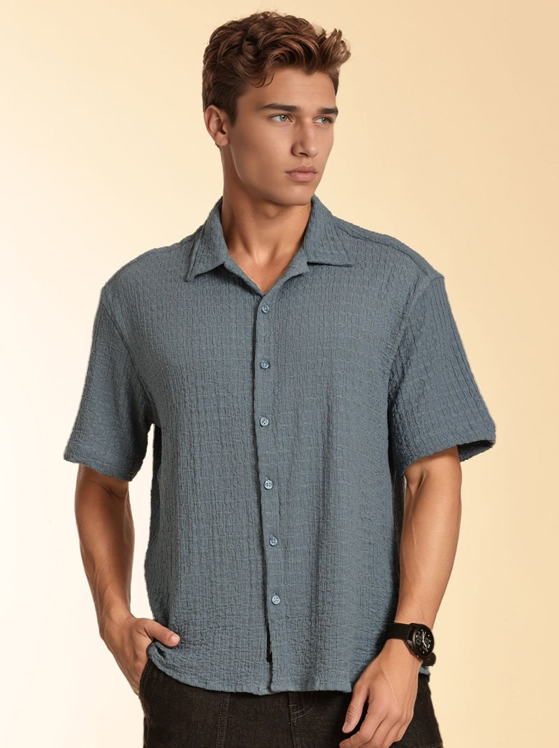 Thomas Scott Men Blue Regular Fit Short Sleeves Cuban Collar Seersucker Shirt
