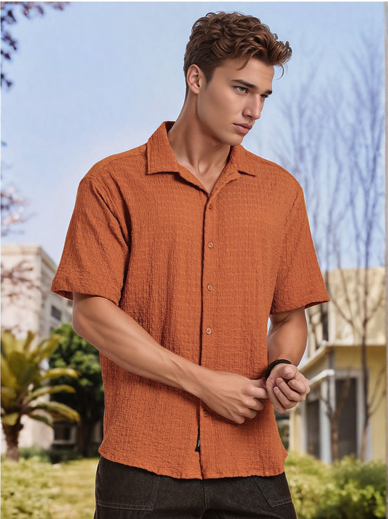 Thomas Scott Men Brown Regular Fit Short Sleeves Cuban Collar Seersucker Shirt