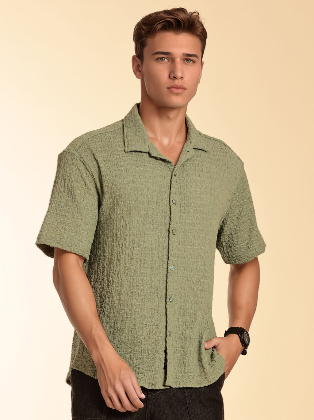 Thomas Scott Men Green Regular Fit Short Sleeves Cuban Collar Seersucker Shirt