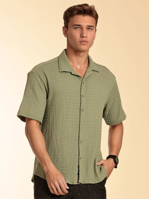 Thomas Scott Men Green Regular Fit Short Sleeves Cuban Collar Seersucker Shirt