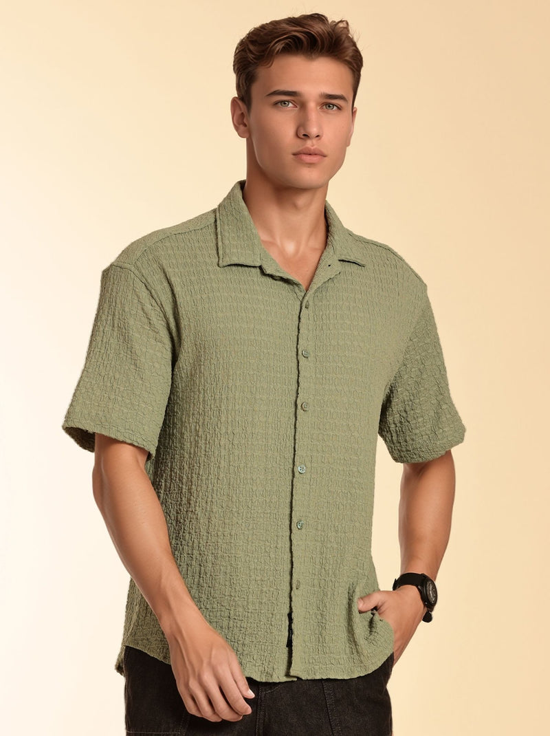Thomas Scott Men Green Regular Fit Short Sleeves Cuban Collar Seersucker Shirt