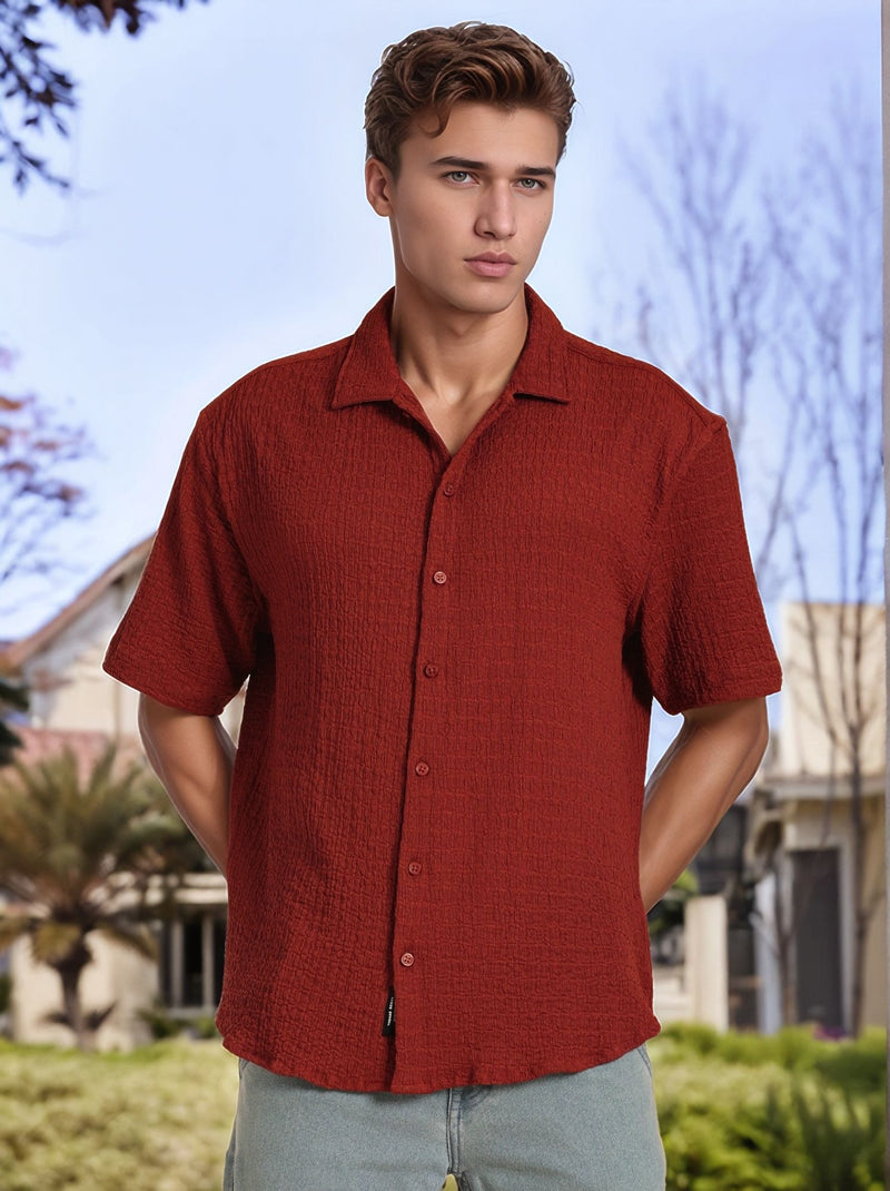 Thomas Scott Men Rust Regular Fit Short Sleeves Cuban Collar Seersucker Shirt