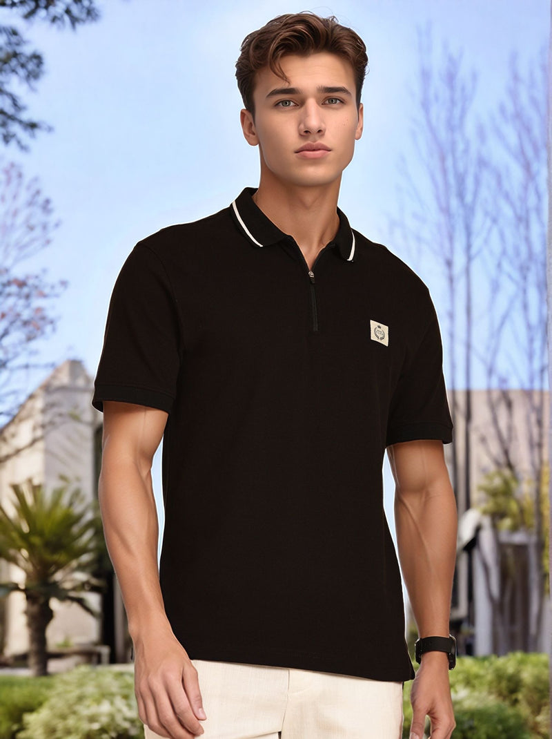 Thomas Scott Men Black Regular Fit Short Sleeves Knitted Polo Collar T-shirt