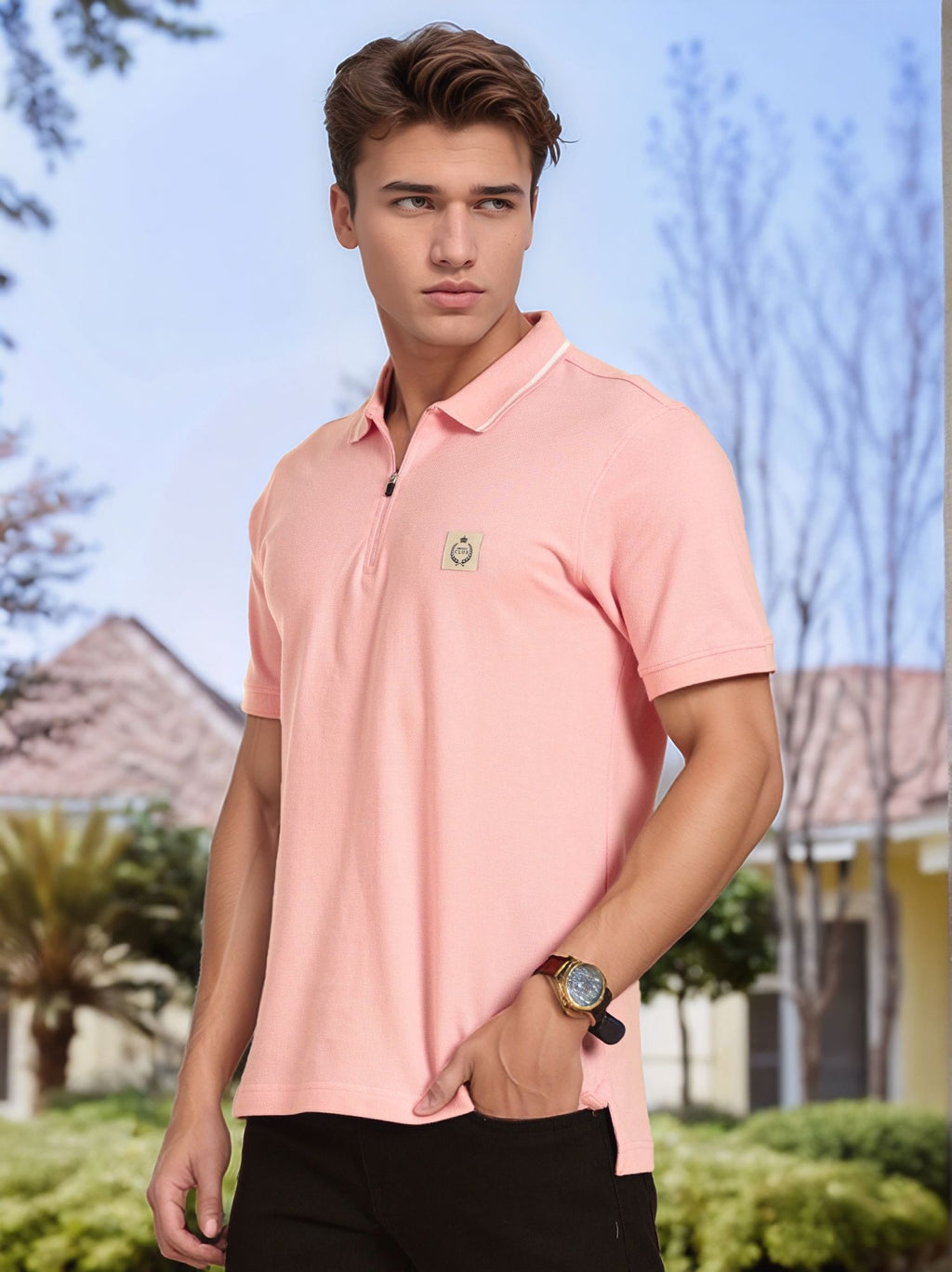 Thomas Scott Men Pink Regular Fit Short Sleeves Knitted Polo Collar T-shirt