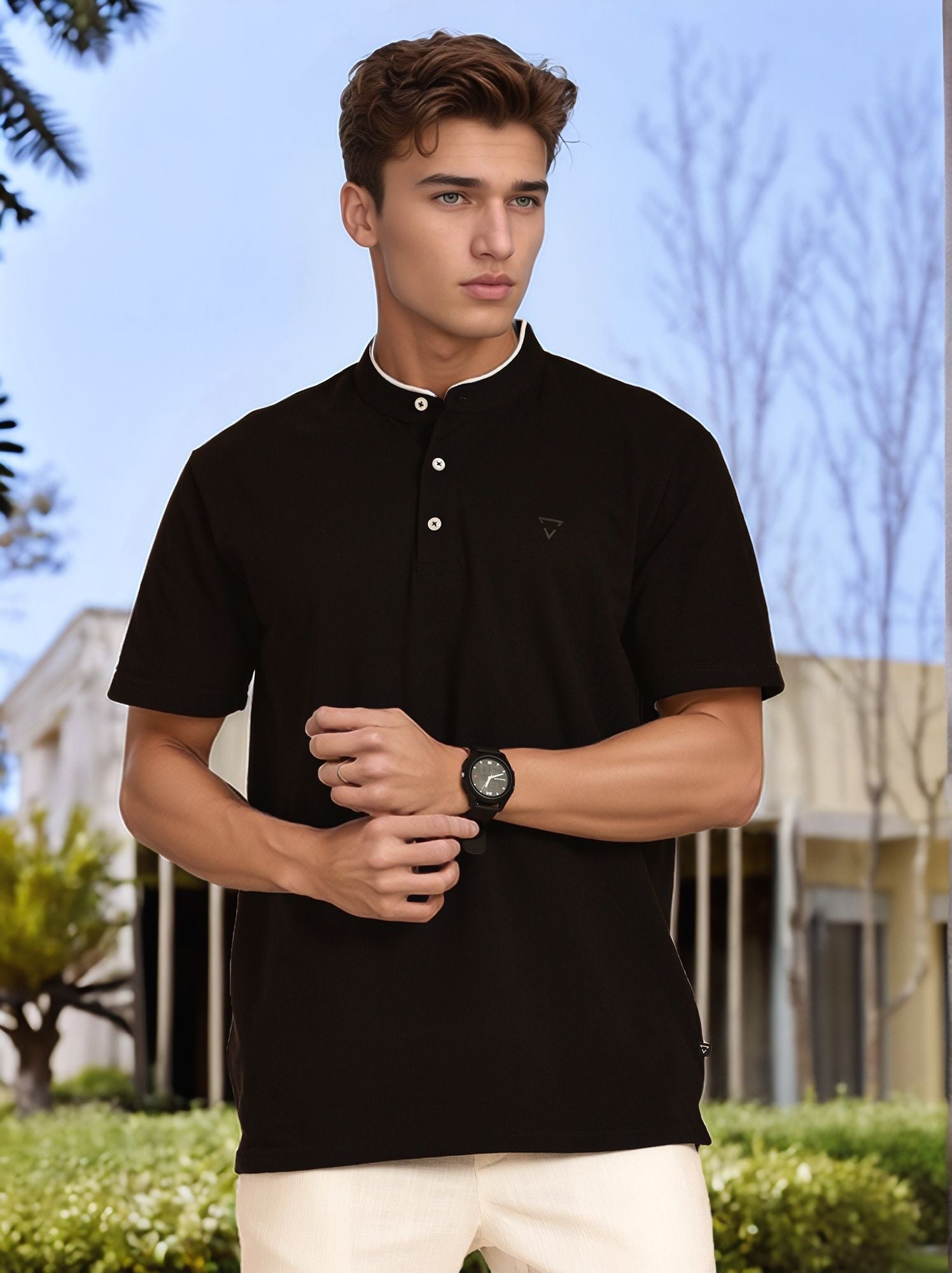 Thomas Scott Men Black Regular Fit Short Sleeves Mandarin Collar Knitted Tshirt